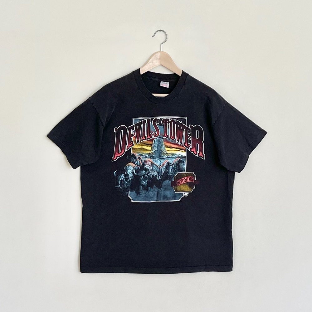 Vintage 1992 Image West Devils Tower Wyoming Graphic Black T Shirt Adult XL